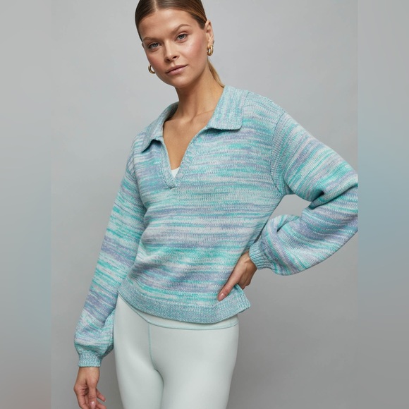 NEW 525 AMERICA lattice split neck collar pull over in cyan multi - Picture 3 of 15